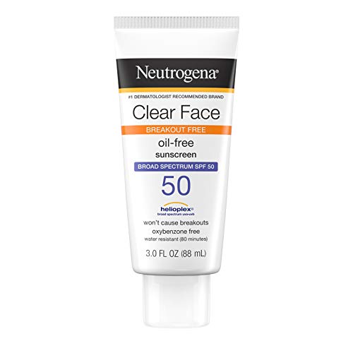 Neutrogena Clear Face Liquid Lotion Sunscreen for Acne-Prone Skin, Broad Spectrum SPF 50 UVA/UVB Protection, Fragrance & Oxybenzone Free Facial, Non-Comedogenic, Unscented, 3 Fl Oz Neutrogena