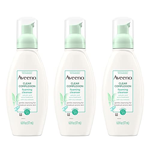 Aveeno Clear Complexion Foaming Oil-Free Facial Cleanser with Salicylic Acid Acne Medication for Breakout-Prone Skin & Soy Extracts, Hypoallergenic & Non-Comedogenic, 6 Fl Oz, Pack of 3 Aveeno