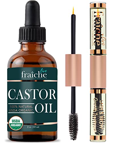 Castor Oil (2oz) + Filled Mascara Tube USDA Certified Organic, 100% Pure, Cold Pressed, Hexane Free by Live Fraiche. Stimulate Growth for Eyelashes, Eyebrows, Hair. Lash Growth Serum. Brow Treatment Live Fraiche