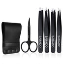 Tweezers Set 5-Piece - Professional Stainless Steel Tweezers with Curved Scissors, Best Precision Tweezer for Eyebrows, Splinter & Ingrown Hair Removal with Leather Travel Case (Black) Sabado