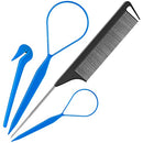 Hair Tail Tools, TsMADDTs 4Pack Hair Loop Tool Set with 2Pcs French Braid Tool Loop 1Pcs Elastic Hair Rubber Bands Remover Cutter 1Pcs Rat Tail Comb Metal Pin Tail Braiding Comb for Hair Styling, Blue TsMADDTs Store