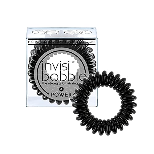 invisibobble Power Traceless Spiral Hair Ties - Pack of 3 True Black - Strong Elastic Grip Coil Hair Accessories for Active Women - No Kink, Non Soaking - Gentle for Girls Teens and Thick Hair invisibobble