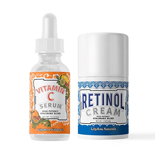 LilyAna Naturals Retinol Cream Moisturizer 1.7 Oz and Vitamin C Serum 1 Oz Bundle - For Face and Eyes, Men and Women - Daily use for Acne, Anti Wrinkle, Anti Aging, Fades Age Spots and Sun Damage LilyAna Naturals