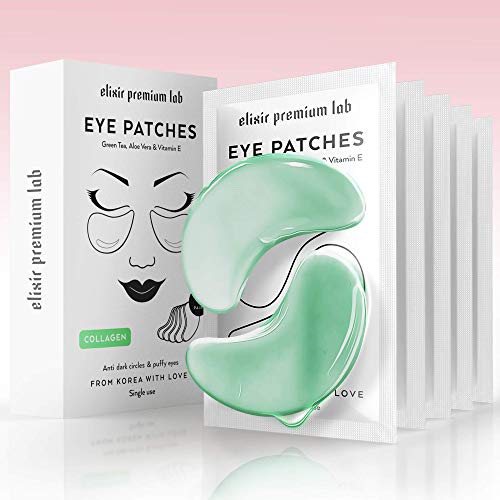 Collagen Under Eye Patches - Puffy Eyes, Dark Circles, Eye Bags, Wrinkles, Puffiness Treatment for Women & Men - Korean Skincare Hydrogel Eye Patches - Cooling Eye Gel Pads with Green Tea [5 Pairs] Elixir Premium Lab