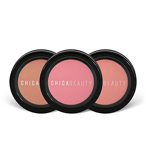 CHICA BEAUTY Blush Powder Makeup for Cheeks, Long Lasting Skin Glow, Minimizes Pores, Natural Looking Color - Paraben, Phthalate and Sulfate Free, All Skin Types -3 Shades - Peach, Lotus, Barely CHICA BEAUTY