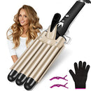 LAYADO 3 Barrel Curling Iron Hair Waver Cluer 22mm (0.86 Inch) Temperature Adjustable Three Barrel Hair Iron Hair Waver Iron Ceramic Tourmaline Triple Barrels Crimper Hair Iron with Dual Voltage Gold LAYADO