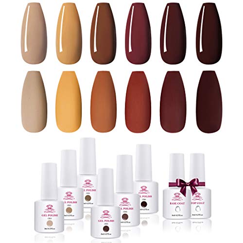 Makartt Gel Nail Polish Kit - 6 Brown Gel Polish Kit Chocolate Gel Nail Kit Glossy Base Coat Top Coat Autumn Winter Nail Polish 8ML Soak Off UV Nail Gel Fall Gel Polish Gift for Women Beauty Gift Sets Makartt