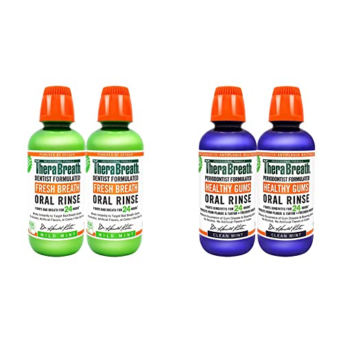 TheraBreath Fresh Breath Oral Rinse, Mild Mint, 16 Ounce Bottle (Pack of 2) and 24 Hour Healthy Gums Periodontist Formulated Oral Rinse, 16 Ounce (Pack of 2) TheraBreath