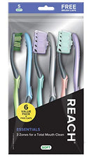 REACH Essentials Toothbrush and Brush Caps, Soft Bristles, Silver, 6 Count REACH
