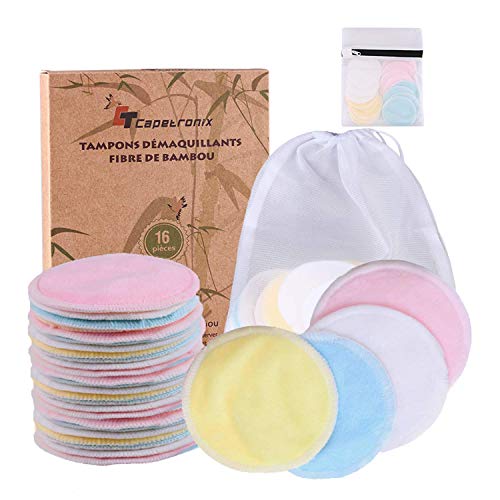 Reusable Makeup Remover Pads| Bamboo Fiber Organic Cotton Pads Face| Face Cleaner and Eyes Make Up Remover Pads Zero Waste Washable| for All Skin Types | 1 Laundry Bag+1 Storage Bag| 16 Pcs CT CAPETRONIX