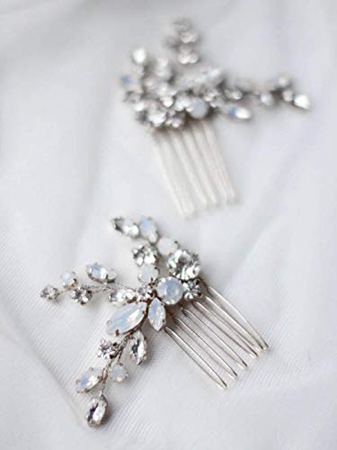 Yean Rhinestone Bride Bridal Hair Comb Opal Crystal Wedding Hair Piece Hair Accessories for Women and Girls (2 Pcs) (Silver) Yean