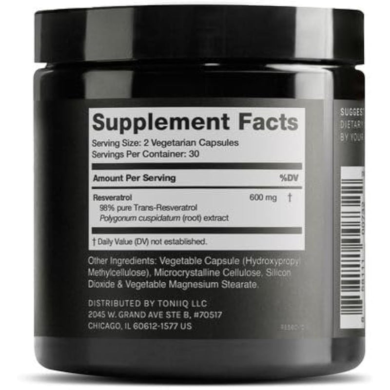 Toniiq Ultra High Purity Resveratrol Capsules - 98% Trans-Resveratrol - Highly Purified and Bioavailable - 60 Caps Reservatrol Supplement Infinity Warehouse
