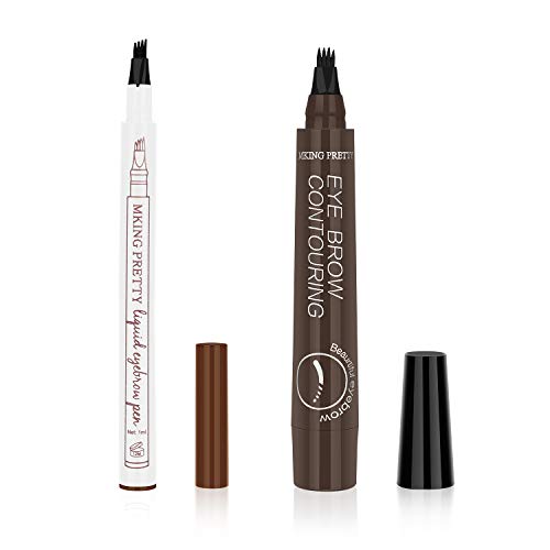 Ainviata 2pcs Waterproof Liquid Eyebrow Pencil w/ Micro-Fork Tip Applicators, Microblading Eyebrow Pen Brown Eyebrow Tattoo Pen Creates Natural Makeup Ainviata