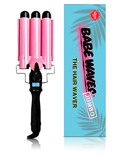 Trademark Beauty Babe Waves 3 Barrel Curling Iron Hair Waver, 1.25 Inch Quick Heat, Adjustable Temperature Hair Curler, Perfect Beach Waver, Hair Styling Tools, 32mm Jumbo Ceramic Wand, Pink Babe Waves