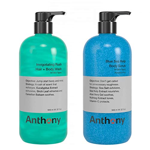 Anthony Invigorating Rush Hair and Body Wash, 32 Fl Oz and Anthony Blue Sea Kelp Body Scrub, 32 Fl Oz Anthony