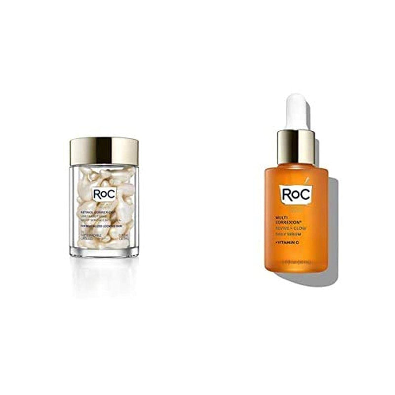 RoC AM to PM Glow + Smooth Serum Bundle: RoC Vitamin C Serum for Day + Retinol Serum Night Capsules for fine lines, wrinkles, and uneven tone RoC