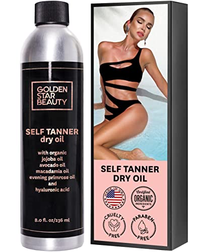 Self Tanner Oil - Natural Sunless Tanning Spray w/ Hyaluronic Acid and Organic Oils, Clear Gradual Fake Tan Sprayer for Perfect Golden Glow 8.0 fl.oz GOLDEN STAR BEAUTY