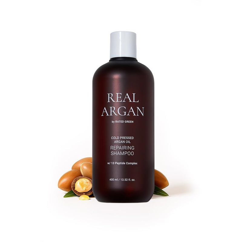RATED GREEN Real Argan Cold Press Argan Oil Repairing Shampoo w. 13 Peptide Complex | Intensive Repair & Moisture for Damaged, Brittle Hair | Silicone-Free, Korean Vegan Formula | 13.52 fl oz Infinity Warehouse