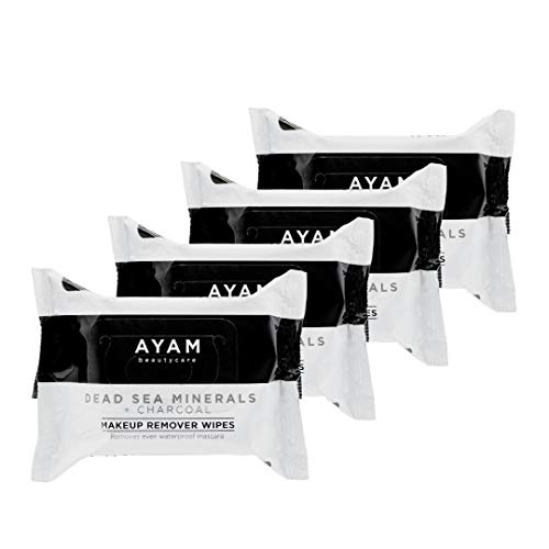 AYAM Beautycare Dead Sea Minerals + Charcoal Makeup Remover Wipes 4 Pack, Cleansing Towelettes, Removes Makeup, Deep clean, Purify and Exfoliates skin, Safe for Sensitive Skin, 25 Count each Ayam Beautycare
