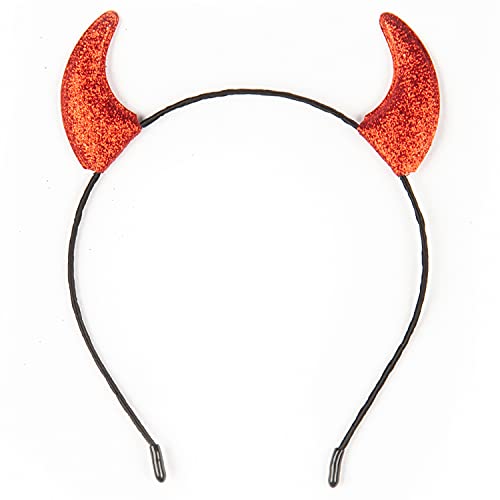 FUNCREDIBLE Red Devil Horns Headband | Glitter Devil Ears Headband | Devil Costume Accessory | Halloween Fancy Cosplay Outfit Accessories for Women, Men and Kids (Red) Funcredible
