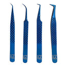 M LASH Set Of 4 Diamond Grip Eyelash Extensions Tweezers - Japanese Steel Lash Supply (Blue) M