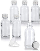 1 oz / 30 ml Clear Glass Boston Round Bottle with Silver Metal Screw On Cap (6 Pack) + Funnel JUVITUS Store