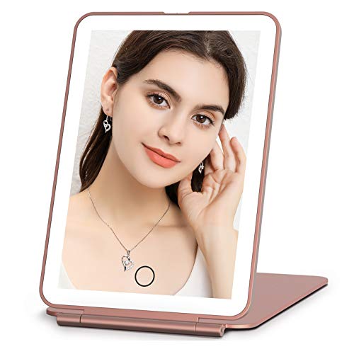 Rechargeable Makeup Vanity Mirror with 72 Led Lights, Lighted Travel Portable Light up Beauty Mirror, 3 Color Lighting, Dimmable Touch Screen, Tabletop Desk LED Foldable Cosmetic Mirror with Lights FUNTOUCH