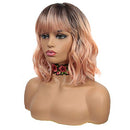 NOBLE Pink Orange Wigs Ombre Bob Curly Wavy Wigs with Air Bangs for Women Synthetic Short Wavy Wigs with Bangs Heat Resistant Synthetic Fiber Wigs for Daily Party Cosplay Costume Wigs NOBLE