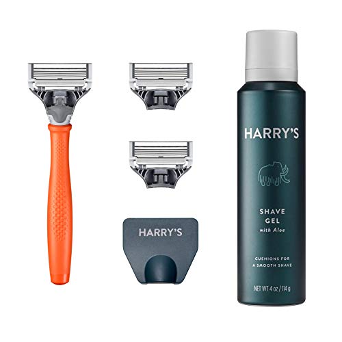 Harry's Razors for Men - Shaving Razors for Men includes a Mens Razor, 3 Razor Blade Refills, Travel Blade Cover, and 4 Oz Shave Gel (Bright Orange) Harry's