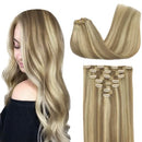 GOO GOO Clip in Hair Extensions Light Blonde Highlighted Golden Blonde 20 Inch 7pcs 120g Remy Clip in Human Hair Extensions Thick Straight Real Hair Extensions GOO GOO