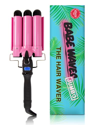 Trademark Beauty Babe Waves 3 Barrel Curling Iron Hair Waver, 1.25 Inch Quick Heat, Adjustable Temperature Hair Curler, Perfect Beach Waver, Hair Styling Tools, 32mm Jumbo Ceramic Wand, Pink Babe Waves