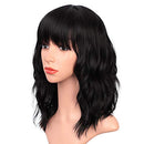 ENTRANCED STYLES Black Wigs with Bangs for Women 14 Inches Synthetic Curly Bob Wig for Girl Natural Looking Wavy Wigs ENTRANCED STYLES
