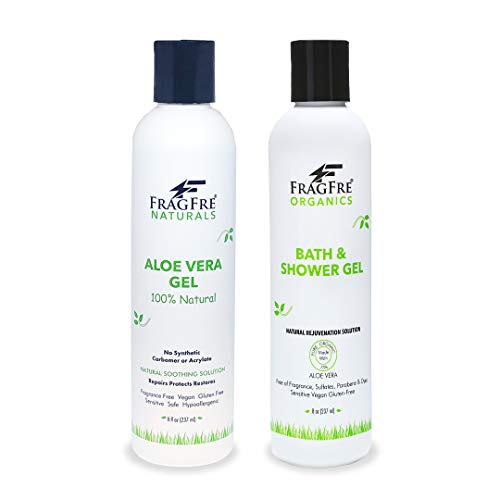 FRAGFRE All-Natural Aloe Vera Gel + Organic Aloe Vera Body Wash (2-Pack Gift Set) 8oz ea - 100% Natural Aloe Soothing Gel for Sensitive Skins - Fragrance Free Sulfate Free Gluten Free - Hypoallergenic FRAGFRE Store