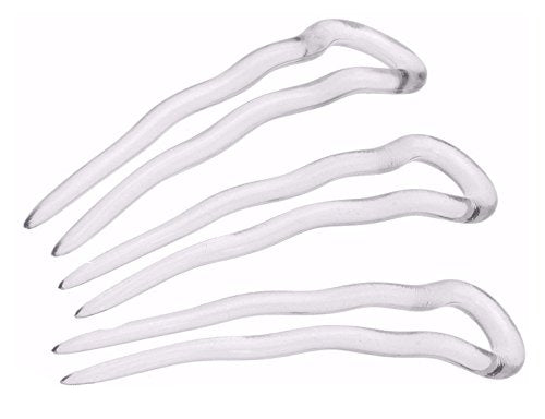 Parcelona French Mystic Crystal Clear Transparent 3 Inch Wavy Set of 3 Celluloid U Shaped Hair Pins for Hair Bun Style for Women and Girls Hair Styling Accessories, Made in France Parcelona