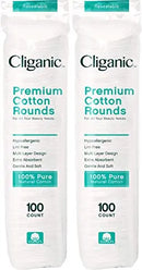 Cliganic Premium Cotton Rounds for Face (200 Count) | Makeup Remover Pads, Hypoallergenic, Lint-Free | 100% Pure Cotton Cliganic