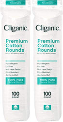 Cliganic Premium Cotton Rounds for Face (200 Count) | Makeup Remover Pads, Hypoallergenic, Lint-Free | 100% Pure Cotton Cliganic