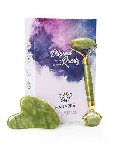 HANABEE Rose Quartz Facial Roller Jade Roller Gua Sha Facial Tools Face Roller and Gua Sha Massage Tool Body gua-sha Scalp Beauty Gift for Women Face Roller Massager (Green) HANABEE