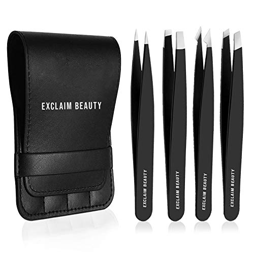 EXCLAIM BEAUTY Tweezers for Women & Men Pack of 4 Stainless Steel Tweezers Set, Precision Tweezers for Eyebrows Splinter Ingrown Hair Removal Tweezers Kit for Women with Leather Case – Matte Black Exclaim Beauty