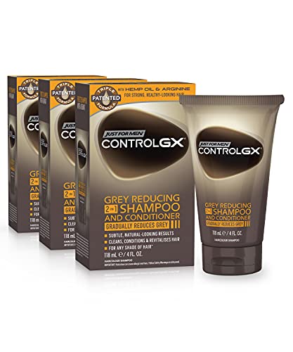 Just For Men Control GX Grey Reducing 2-in-1 Shampoo and Conditioner, Gradually Colors Hair, Gently Cleans & Revitalizes, With Hemp Oil and Arginine for Stronger & Healthier Hair, 4 Fl Oz - Pack of 3 Just for Men