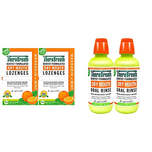 TheraBreath Dry Mouth Lozenges with Zinc, Mandarin Mint, 100 Lozenges (Pack Of 2) and Dry Mouth Oral Rinse, 16 Ounce Bottle (Pack Of 2) TheraBreath