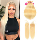 613 Honey Blonde Bundles with Closure 100% Brazilian Virgin Straight Human Hair 3 Bundles with 4×4 Lace Closure Remy Hair Weft Platinum Blonde Free Part 150% Density(14 16 18+12, 613) Aopusi