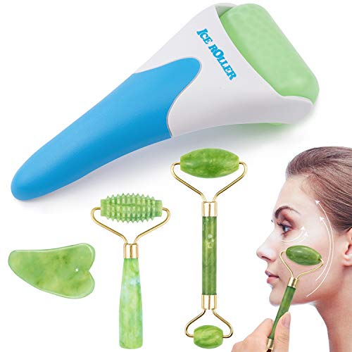 EAONE 4 in 1 Ice Roller Jade Roller Eyes Facial Massage Kits Cold Freezer Therapy Instant Pain Relief Wrinkle Preventing Coolers Skin Roller for Face & Eye Neck Massage Mother's Day Gift EAONE