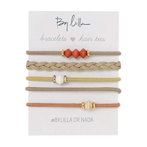 By Lilla Limestone Mini Stack Elastic Hair Ties and Bracelets | Set of 5 Hair Tie-Bracelets | Hair Accessories for Women | No Crease Hair Ties & Women’s Bracelets (Brown / Gold / Nude / Orange) By Lilla