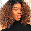 Ombre Brown Lace Closure Wigs for Black Women, Dark Root Blonde Brazilian Kinky Curly Wig, Human Hair Jerry Curly 4x4 Lace Front Wig (16", 1B/30, Curly) ALISFEEL
