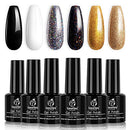 Beetles Black Gold Glitter Gel Nail Polish Set - 6 Colors White Silver Rose Glitter Gel Polish Kit Soak Off Nail Gel Kit, 7.3 ml Each Bottle Christmas Gel Nail Art New Year Holiday Gifts Box beetles Gel Polish