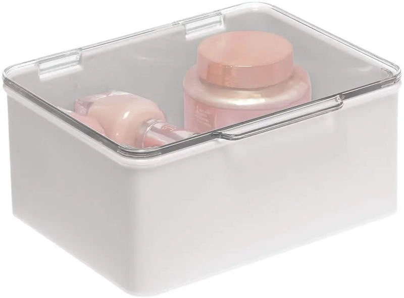 mDesign Plastic Stackable Bathroom Vanity Countertop Storage Cosmetic Organizer Box with Hinged Lid for Makeup, Beauty, Hair, Nail Supplies - 2 Pack - Light Gray/Clear mDesign Store