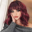 Relena Wine Red Short Wavy Wig with Bangs Synthetic Colored Shoulder Length Wig for Women Heat Resistant Fiber Curly Bob Wig 14 Inch Burgundy Wavy Bob Wigs for Daily Party Use Relena