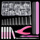 Clear Coffin Nail Tips Set, MORGLES 500 Pcs Clear Fake Nails French Tip Nails Acrylic Long Coffin Half Cover Nail Tips Ballerina False Nails with Nail Clipper Files and Glues,Cuticle Pusher and Fork MORGLES