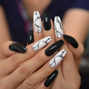 CoolNail 28pcs Glossy Ballerina Coffin Long Fake Nail White Black Gradient Marble Black Pre Design Full Cover Press on False Nail Art Tips Coolnail
