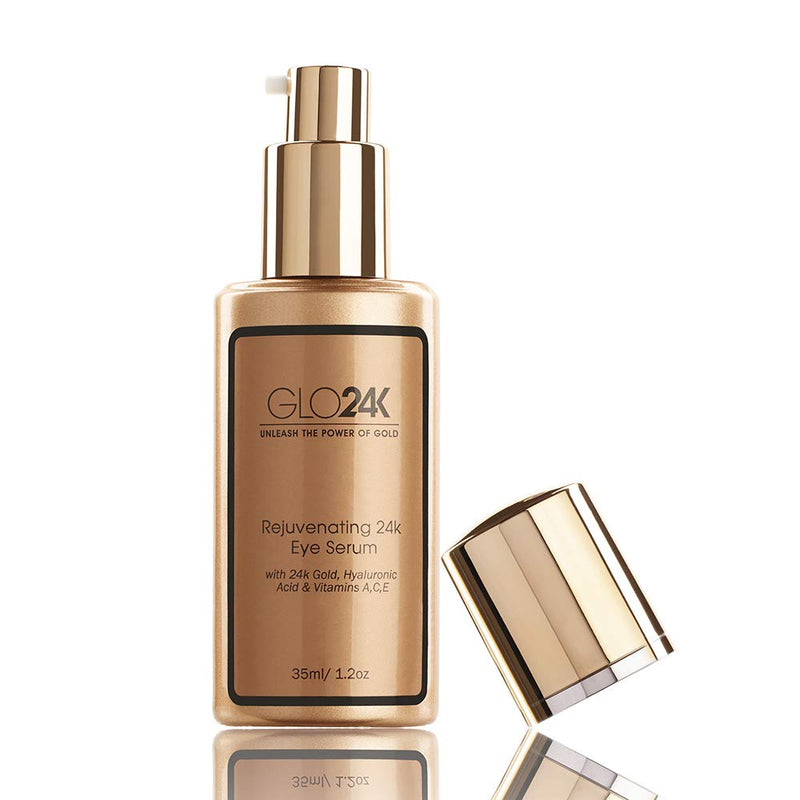 GLO24K Complete Eye Care Set with our 24k Instant Facelift Cream, Eye Cream, and Eye Serum. Formulated to Treat the Delicate Skin around the Eyes. GLO24K UNLEASH THE POWER OF GOLD